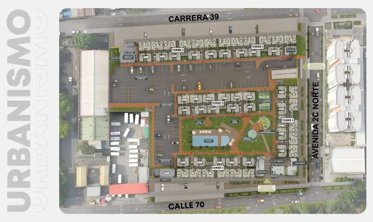 NOTA LEGAL MATERIAL PUBLICITARIO Las imágenes son una representación arquitectónica del proyecto, pueden estar sujetas a modificaciones. Ninguna descripción oral puede ser tomada como representación del proyecto propuesto por los promotores. Las áreas mencionadas pueden sufrir cambios, ajustes y/o modificaciones como consecuencia directa de las modificaciones ordenadas por la curaduría o por la alcaldía competente en la expedición de la licencia urbanística o por la autoridad competente. Las imágenes publicadas son representaciones digitales del diseño y junto con los muebles exhibidos, pueden variar su percepción y construcción final. Los muebles son ilustrativos y no se entregan con el inmueble ni con las áreas comunes, para mayor detalle revisar las especificaciones de construcción. Los datos aquí publicados pueden variar sin previo aviso. Antes de tomar su decisión, infórmese en la sala de ventas y con su asesor comercial acerca de las condiciones y características del proyecto. Los apartamentos se entregarán en obra gris · Las imágenes son una representación gráfica e ilustrativa del proyecto, por lo tanto pueden presentarse variaciones en el diseño y acabados · La vegetación, mobiliario interior, personas y los vehículos son ayudas gráficas de lo que puede ser el proyecto en su funcionamiento, por lo que ésta representación no constituye una oferta u obligación de entregar en dicha forma. Algunas de las zonas verdes colindantes con el conjunto constituyen parques que serán cedidos y entregados al municipio, de acuerdo a la ley.